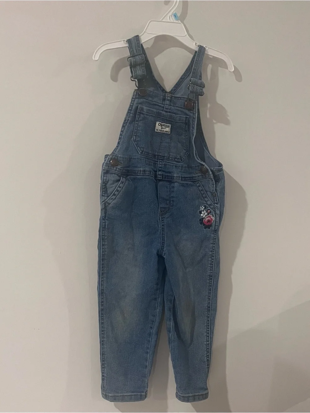 OshKosh B'gosh Toddler Girl Blue Denim Overalls with Floral Patch 3T